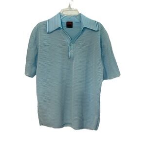 VINTAGE Drummond XL Blue White 60s 70s Polo Shirt Leisure Textured Knit Union